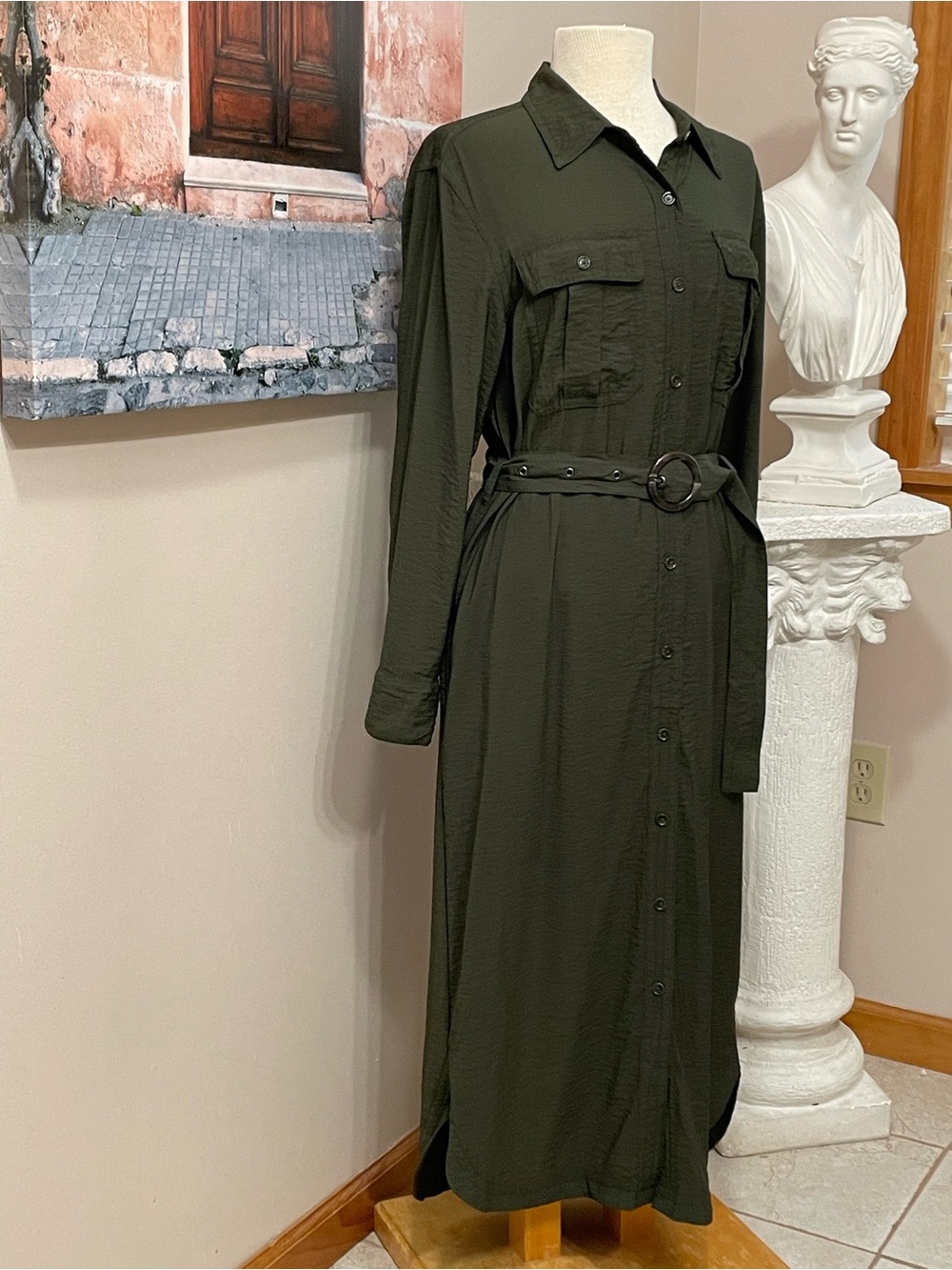 Banana Republic Utility Shirt Dress Belted L fits Like M Army Green